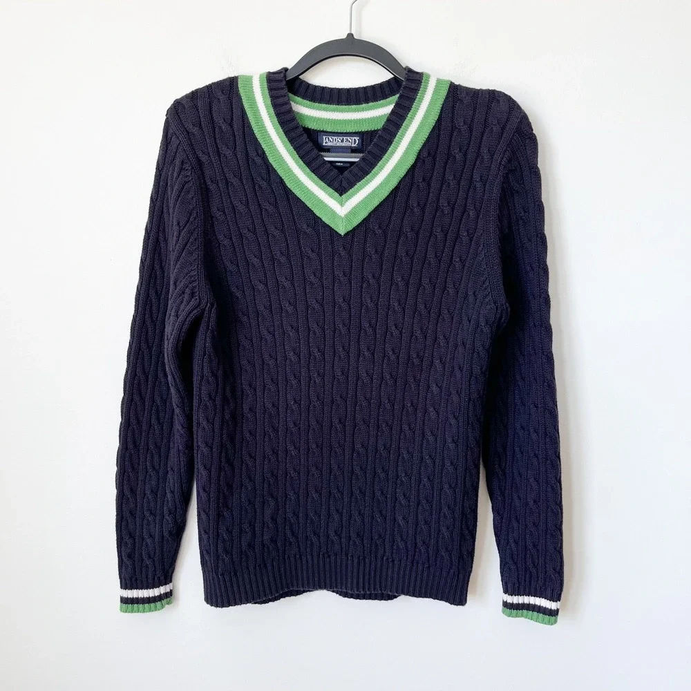 Lands' End Varsity Cable Knit V-Neck Sweater Women Medium Navy Green Tennis Prep